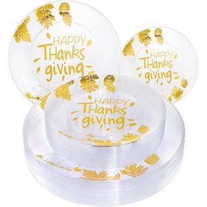 60 PCS Thanksgiving Plates, Clear and Gold Plastic Plates,   Disposable Plates